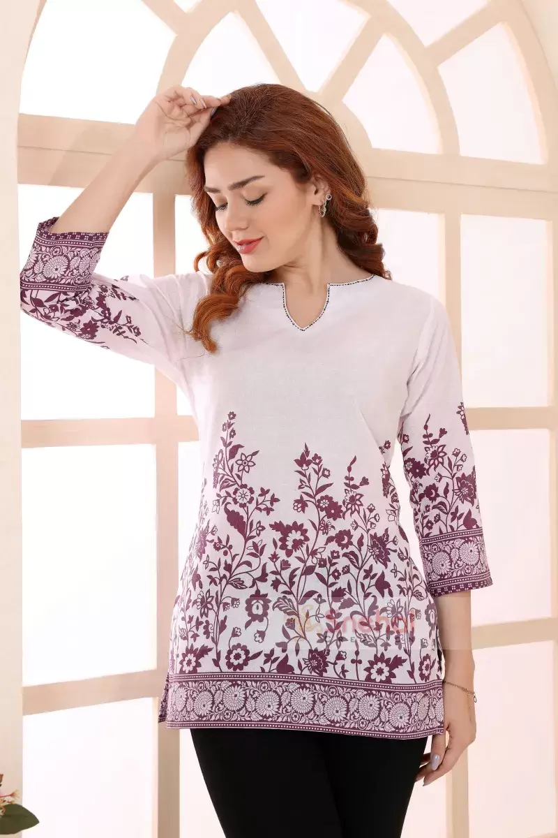 Designer Short Top Purple Short Kurti Tunic Top with Ethnic Motifs 100% Pure Cotton for Women